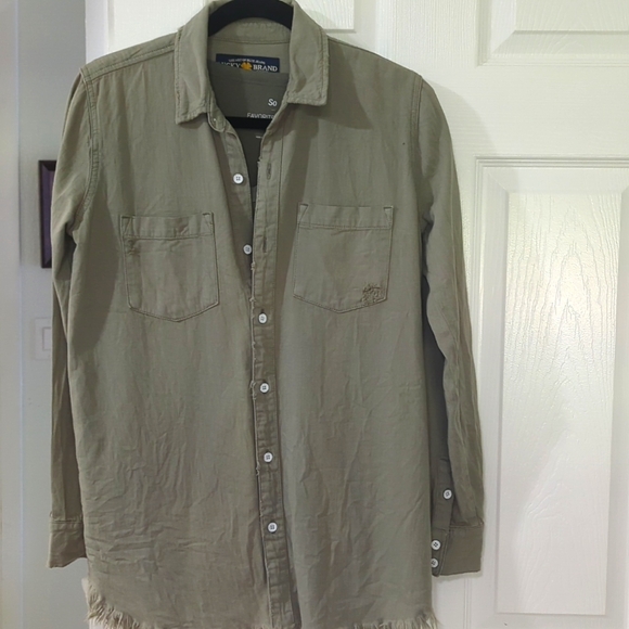 EUC LUCKY BRAND UTILITY BUTTON DOWN DISTRESSED ARMY GREEN SHIRT & GREEN … - Picture 1 of 7
